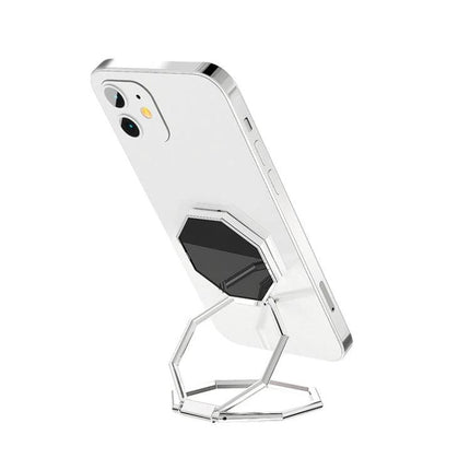 Durable Metal Sticky Ring Holder for Smartphones and Tablets as Stand on white phone showing adjustable metal ring stand and secure grip