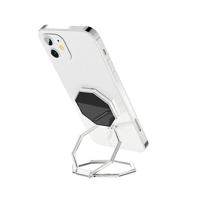 Durable Metal Sticky Ring Holder for Smartphones and Tablets as Stand on white phone showing adjustable metal ring stand and secure grip