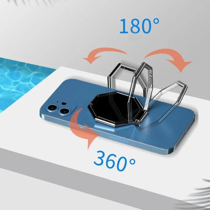 Durable Metal Sticky Ring Holder for Smartphones and Tablets as Stand on blue phone showing 180° and 360° rotation