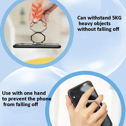 Durable Metal Sticky Ring Holder for Smartphones and Tablets as Stand shown supporting a phone and enabling one-handed grip and hands-free viewing