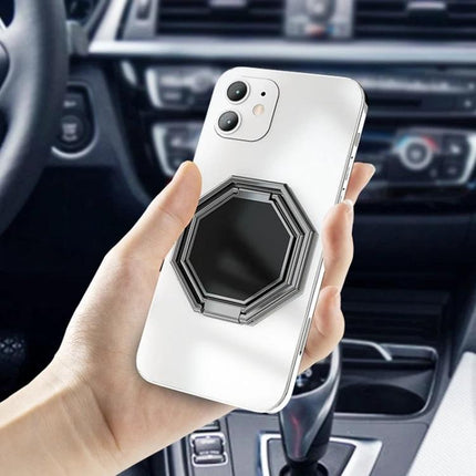 Durable Metal Sticky Ring Holder for Smartphones and Tablets as Stand attached to smartphone in car, showing one-handed grip and angled stand