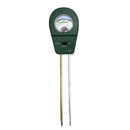Portable Garden Soil pH, Humidity, and Fertility Tester showing analog gauge and dual probes for pH, moisture, and fertility readings