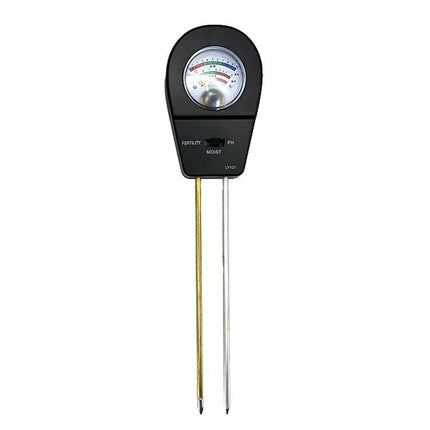 Portable Garden Soil pH, Humidity, and Fertility Tester in use showing dual probes and analog meter for pH, moisture, and fertility readings
