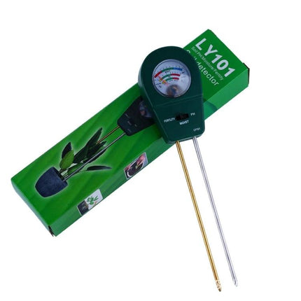 Portable Garden Soil pH, Humidity, and Fertility Tester in green with dual metal probes and dial display next to its green LY101 box