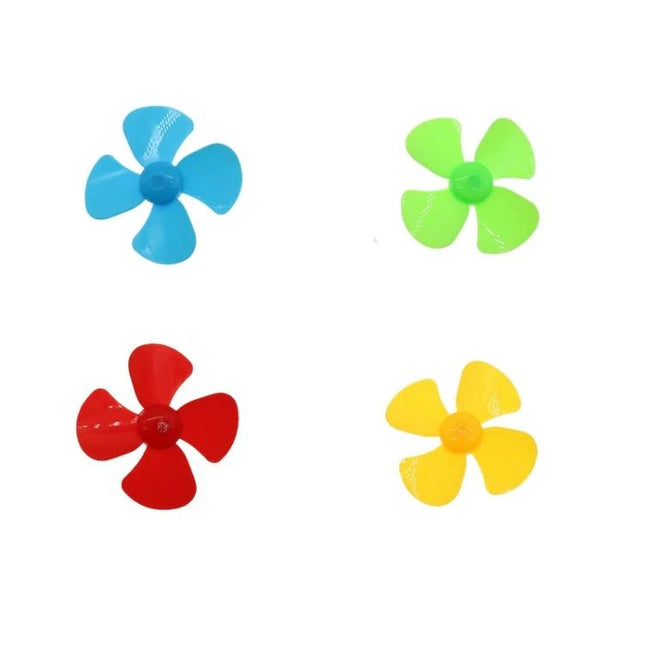 Four-Blade Plastic Propellers for Toy Models and Experiments, 100 Pack - colorful red blue green yellow propellers on white background