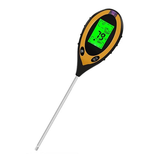 4-in-1 Electronic Soil Tester for Garden pH and Moisture Levels with probe and digital display showing temperature and moisture readings