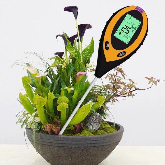 4-in-1 Electronic Soil Tester for Garden pH and Moisture Levels inserted into potted plant showing digital display of pH, moisture, temperature and light