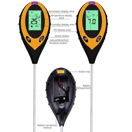 4-in-1 Electronic Soil Tester for Garden pH and Moisture Levels handheld probe showing pH 7.0 and temperature display for greenhouse and garden use