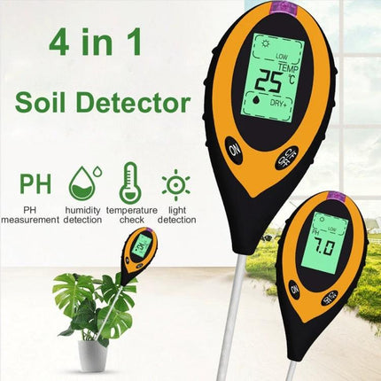 4-in-1 Electronic Soil Tester for Garden pH and Moisture Levels showing probe inserted in pot with digital display for pH, moisture, temperature, and light