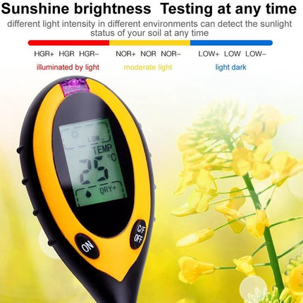 4-in-1 Electronic Soil Tester for Garden pH and Moisture Levels shown probing soil with LCD displaying pH, moisture, temperature and light readings