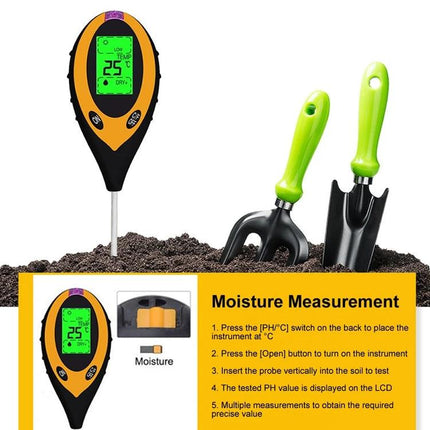 4-in-1 Electronic Soil Tester for Garden pH and Moisture Levels handheld probe in soil with green gardening tools and LCD display