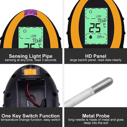 4-in-1 Electronic Soil Tester for Garden pH and Moisture Levels - handheld meter showing HD display, metal probe, sensing light pipe and one-key switch