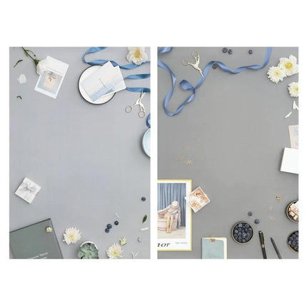 Double-Sided 3D Photography Background Paper for Scenes showing gray 3D backdrop styled with props for product flatlay photography