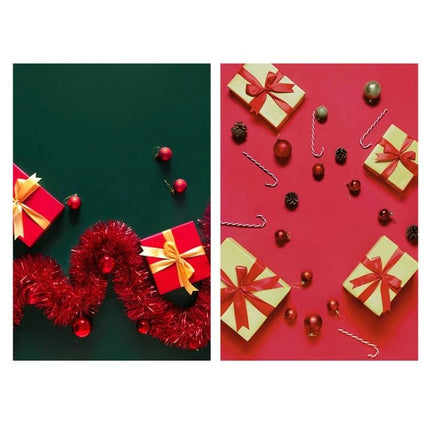 Double-Sided 3D Photography Background Paper for Scenes showing green and red holiday gift scene with presents, ornaments and tinsel