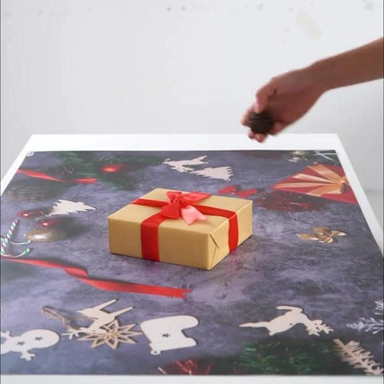 Double-Sided 3D Photography Background Paper for Scenes showing wrapped gift on festive 3D backdrop for product photography
