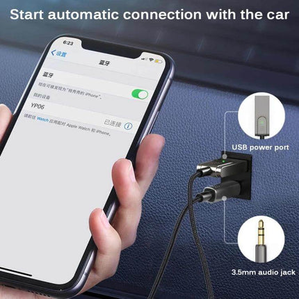 AUX Car Bluetooth Receiver For Hands Free Calls And Music showing phone paired, USB power port and 3.5mm audio jack in car setup