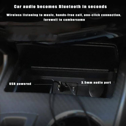 AUX Car Bluetooth Receiver For Hands Free Calls And Music plugged into car USB and 3.5mm aux port showing hands-free calling and music streaming
