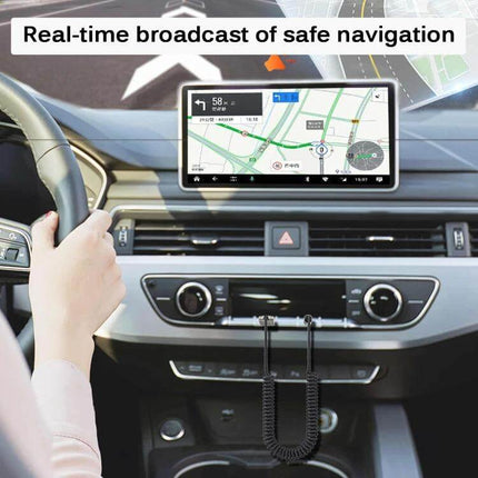 AUX Car Bluetooth Receiver For Hands Free Calls And Music connected to car AUX and USB powering navigation display
