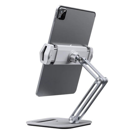 Boneruy Adjustable Tablet Stand for Phones and Desktops holding a tablet at adjustable angle on a desk, double-rod arm for stable video calls and hands-free use