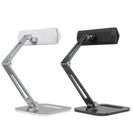 Boneruy Adjustable Tablet Stand for Phones and Desktops showing silver and black adjustable double-rod desktop holders for tablets and phones