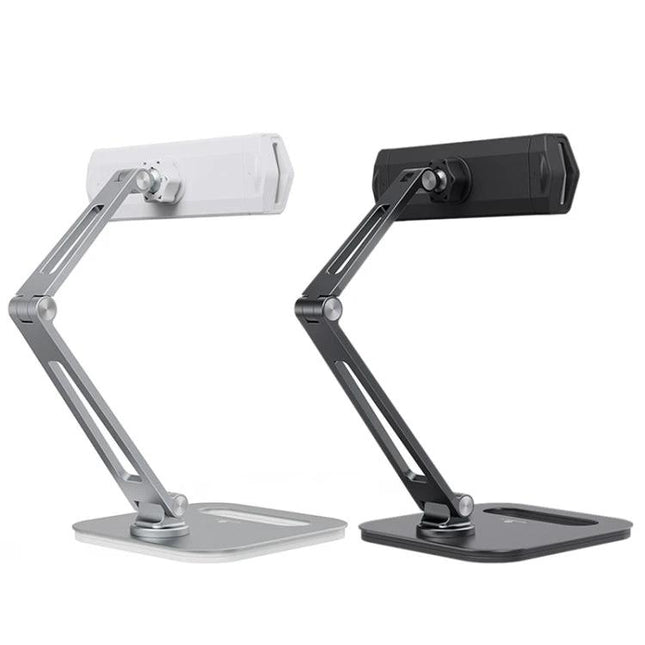 Boneruy Adjustable Tablet Stand for Phones and Desktops showing silver and black adjustable double-rod desktop holders for tablets and phones