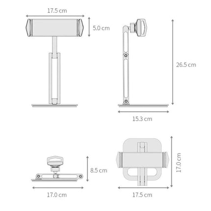 Boneruy Adjustable Tablet Stand for Phones and Desktops technical diagram with dimensions showing height 26.5cm and adjustable double-rod design