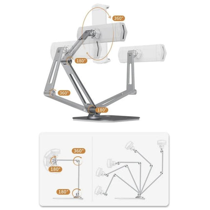 Boneruy Adjustable Tablet Stand for Phones and Desktops showing multi-angle 360° and 180° adjustable double-rod arm positions on a desktop