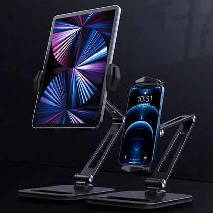 Boneruy Adjustable Tablet Stand for Phones and Desktops holding a tablet and phone on a double-rod adjustable desktop stand