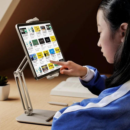 Boneruy Adjustable Tablet Stand for Phones and Desktops holding a tablet at eye level for hands-on browsing and video calls on a desk