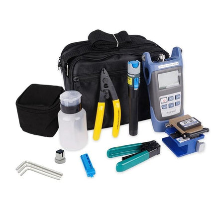 Versatile Optical Fiber Tool Kit for Splicing and Testing with tester, crimpers, stripper, cleaning bottle and carrying bag
