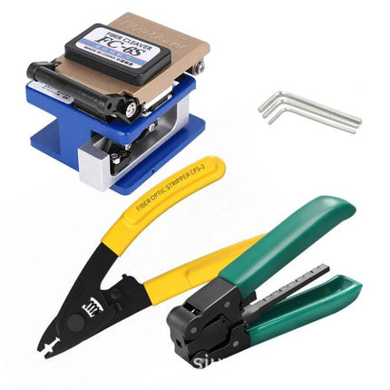 Versatile Optical Fiber Tool Kit for Splicing and Testing with cleaver, fiber stripper, crimper and hex keys for telecom and data center repairs