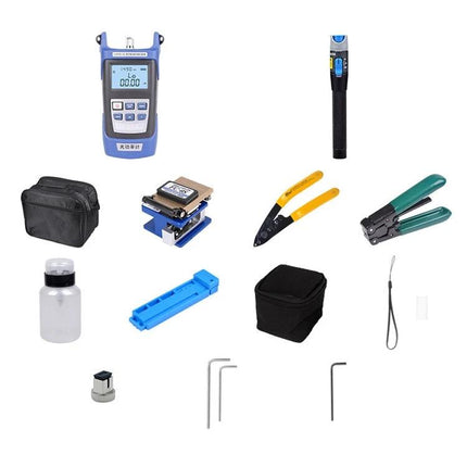 Versatile Optical Fiber Tool Kit for Splicing and Testing showing fiber tester, cleaver, stripper, crimp tool, carrying cases and accessories