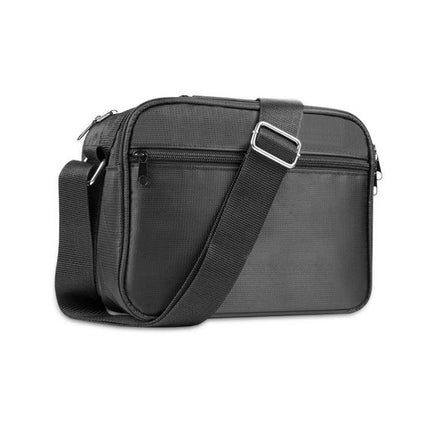 Versatile Optical Fiber Tool Kit for Splicing and Testing in a compact black padded carrying bag with shoulder strap and zippered pockets