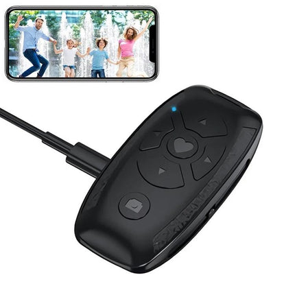 Versatile Car Key Shaped Bluetooth Remote for Selfies and Videos compact black ABS remote shown with smartphone playback controls