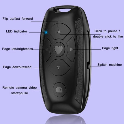 Versatile Car Key Shaped Bluetooth Remote for Selfies and Videos — black car-key style Bluetooth remote with labeled buttons for camera, page navigation, LED indicator, and power switch