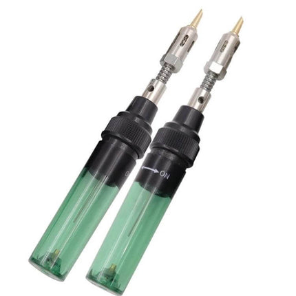 Home Welding Repair Tool Pen Gas Soldering Iron 3 In 1 shown as compact dual green-handled gas soldering pens with interchangeable tips