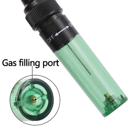 Home Welding Repair Tool Pen Gas Soldering Iron 3 In 1 showing gas filling port and transparent green fuel chamber for refillable butane torch