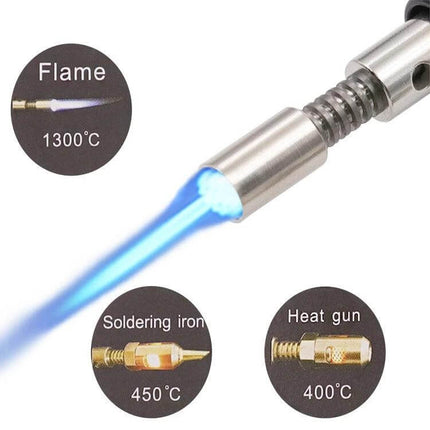 Home Welding Repair Tool Pen Gas Soldering Iron 3 In 1 compact gas soldering pen showing flame and interchangeable tips