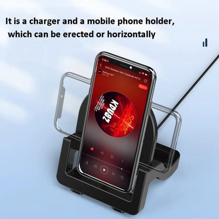 KH18 15W Vertical Wireless Fast Charger With Phone Holder Black White showing phone in upright charging stand, detachable holder, fast 15W wireless charging