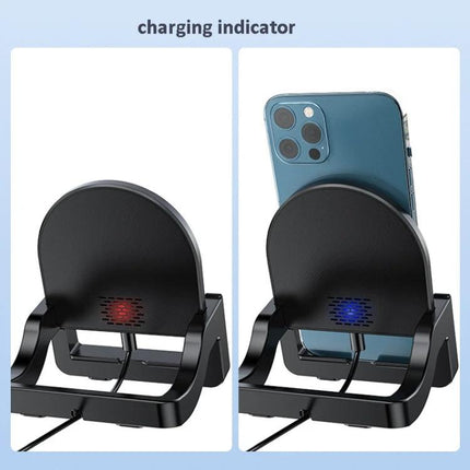 KH18 15W Vertical Wireless Fast Charger With Phone Holder Black White showing charging indicator red and blue LED with phone in vertical position