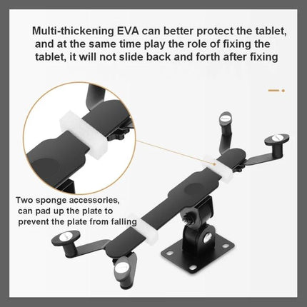 Secure Wall Mount Bracket for 7 to 13 Inch Tablets with Anti-Theft Design showing adjustable EVA pads and sponge accessories to protect and secure tablet