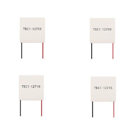 Thermoelectric Peltier Cooling Module for Electronic Projects showing four square TEC1 modules with black and red leads