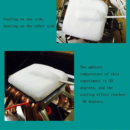 Thermoelectric Peltier Cooling Module for Electronic Projects showing ice formation on cooling side with captioned temperature experiment