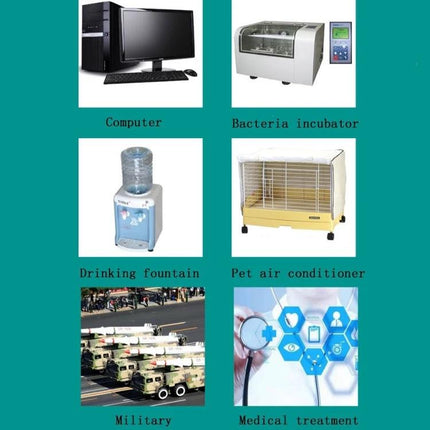 Thermoelectric Peltier Cooling Module for Electronic Projects showing applications: computer, incubator, water dispenser, pet conditioner, military, medical