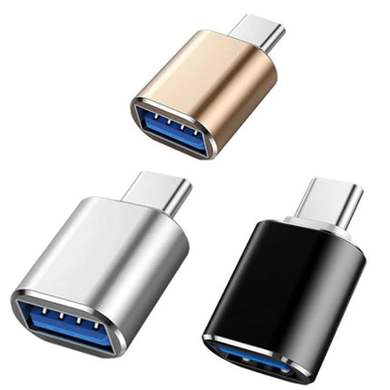 USB Adapter for Everyday Device Connections at Home — compact Type-C to USB adapter in gold silver and black for file transfer and peripheral use