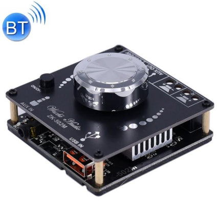 Bluetooth Stereo Amplifier for Home Audio Playback - compact black amp board with large silver volume knob, USB and AUX inputs