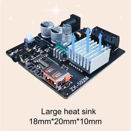 Bluetooth Stereo Amplifier for Home Audio Playback compact board with large heat sink, USB and Bluetooth inputs for improved home sound