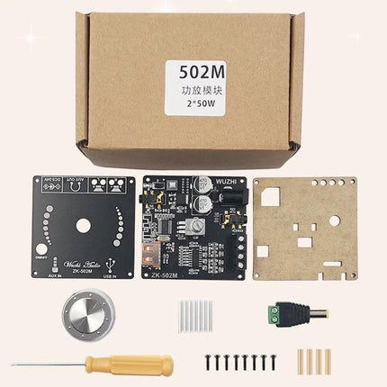 Bluetooth Stereo Amplifier for Home Audio Playback - compact 2x50W DIY kit with PCB, knob, heatsink, screws and power connector