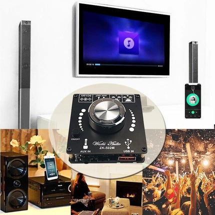 Bluetooth Stereo Amplifier for Home Audio Playback compact unit with volume knob, USB and AUX inputs shown in living room and party setups