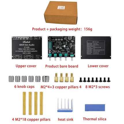 XINYI 2.1 Channel Bluetooth Audio Power Module for Systems — parts kit: upper cover, bare board, lower cover, knobs, pillars, screws, heat sink, thermal silica